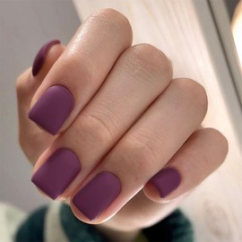 Matte Plum Press on Nails Short Square, Short Gel Nails Glue on 2024 Fall Colors Acrylic Nails Press ons Featured Protective Coat Thick Reusable Fake Nails 24Pcs Short Coffin Artificial Nails