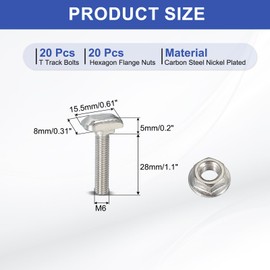 PATIKIL M6 x 30 mm T-Slot Bolts, 1 Set Drop-in Bolt Hammer Head with Hexagon Flange Nuts T-Bolt Stud Sliding Screw for 30 Series Aluminum Extrusion Profile, Silver