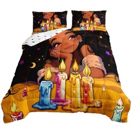Afro Girls Bedding Comforter Sets American African Princess Magical Comforter Set Black Hair Girl Quilt Full,Kawaii Room Decor for Kids Teens Toddler Girls,Happy Birthday Decorations