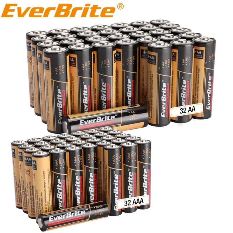 EverBrite 64PCS Alkaline Battery Pack 32PCS AA 32PCS AAA Alkaline