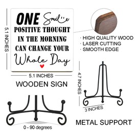 one small positive thought in the morning sign, Funny Home Office Desk Art Sign Decorative Rustic Farmhouse Decor, Inspirational Wooden Sign Office Desk Decor.A25