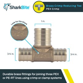 SharkBite 3/4 Inch x 3/4 Inch x 1 Inch Crimp Reducing Tee, Bullnose, Brass Plumbing Fitting, PEX Pipe, PE-RT, UC413LFA