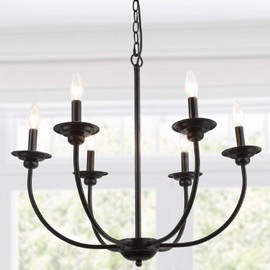 LALUZ Black Chandelier, Farmhouse Chandeliers for Dining Room, Living Room, Bedroom, Solid Matte Black, 26” Dia