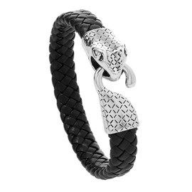 Seaberila 2 Pcs Braided Leather Bracelet Mens Womens Stainless Steel Snake Head Clasp Wrist Cuff Bangle