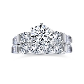 Customizable Classic Cathedral 6 Prong Baguette Side Stones Cubic Zirconia AAA CZ Round 2 CT Solitaire Anniversary Engagement Wedding Band Ring Set for Women .925 Sterling Silver 1/2 Eternity Band