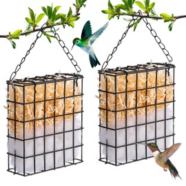 Otoolling 2 Set Hummingbird Nesting Material Hanging Cage Holder with Natural Cotton Raffia Gift for Bird Lover Hummingbird House Material for Wild Bird Outdoor Garden Home Resting Place(Black)