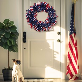 DecorbyHannah Patriotic Memorial Day Wreath for Front Door, 24" Large 4th of July Wreaths with Lights, Collasible Red White Blue Burlap Bow Wreath Decorations with Forsythia for National Holiday