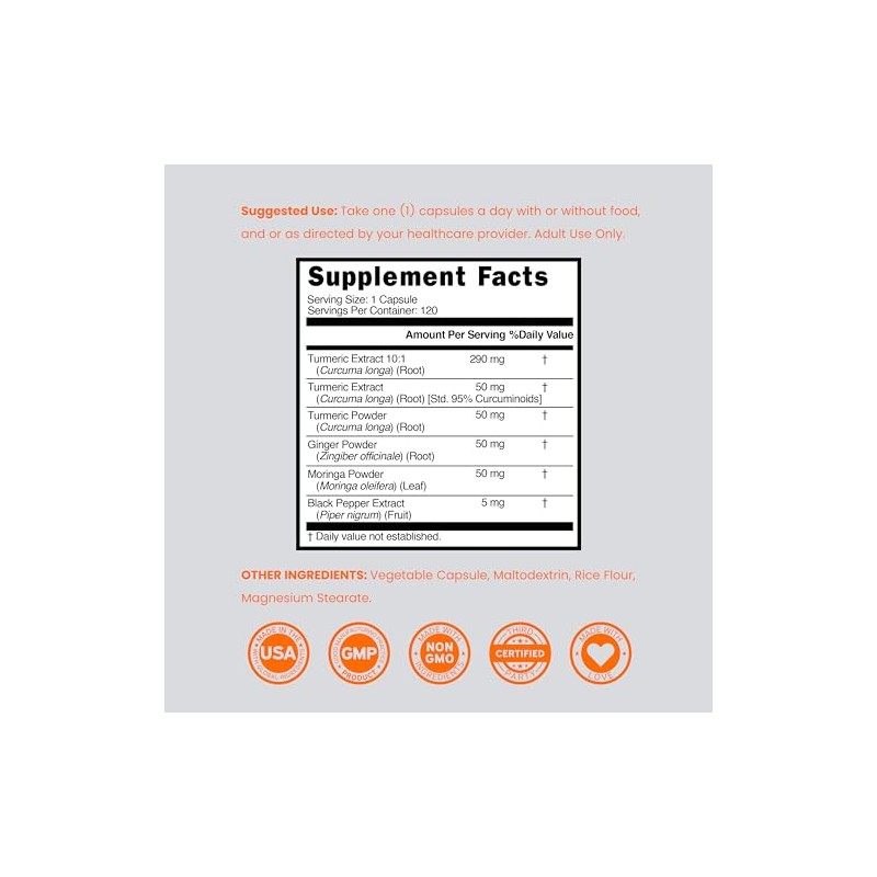 Turmeric Curcumin Supplement with Black Pepper, Ginger, Moringa (Made with