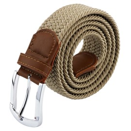 maikun Braided Elastic Stretch Woven Belt with Leather Tip Nickle Pin Buckle Khaki