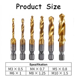 Ruikcoll 1/4 Inch Drill Bit Set, Tap, Hexagonal Shank, HSS, M3-M10, 6 Pieces