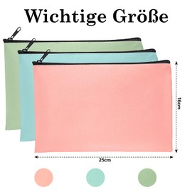 BEIMEIII Pack of 3 Faux Leather Bank Bags, 25 x 16 cm, for A5 Documents, Money Folder for Business, Household, School, Green, pink, blue