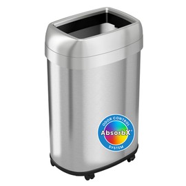 iTouchless 13 Gallon Open Top Kitchen Trash Can Recycling Bin with Wheels and Double Odor Filters Oval Commercial Stainless Steel 50 Liter Trashcan for Home Office Work Bedroom Livingroom Garage