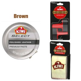 Kiwi Brown Shoe Polish Care Kit 1.13oz + 2  Foam Applicators + 2 Shine Cloths