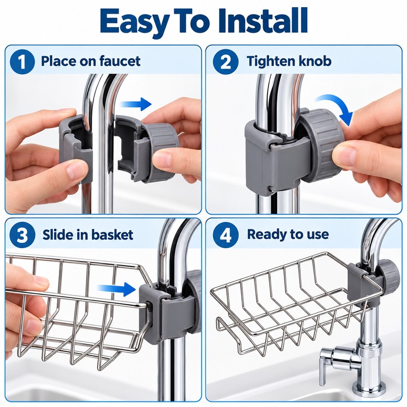 Kitchen Sink Faucet Organizer with Sponge Holder, Drain Rack and