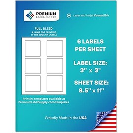 Premium Label Supply White Sticker Square Labels – 3" x 3" – Laser/Inkjet Compatible – (6 per Sheet), 25 Sheets – 150 Total Adhesive Labels