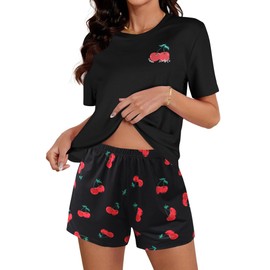 Hilinker Womens Cute Graphic 2 Piece Pajamas Short Sleeve Top with Shorts Loung Set Black Red Cherry Small