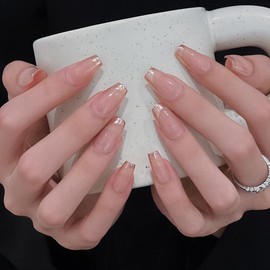 Pure Handmade Nails Press on Nail Reusable Fake Nails Golden Bling Bling Medium Stick on Nails French Tip False Nails 10pcs (XS, Q318 NAILS)