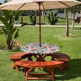 Youngseahome Round Outdoor Tablecloth with Umbrella Hole-Waterproof Fitted Table Cover with Elastic Zippered Wipeable Tablecloth,Fits 36"-44" Table Diameter for Picnic,Patio(Babala)