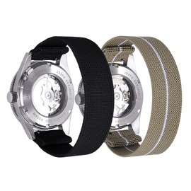 PTFULUOS 2 Pack Fabric Braided Stretchy Solo Loop Watch Band - Compatible with 18mm 20mm 22mm - Quick Release Sport Elastic Replacement Straps for Men Women (S/22MM, Black + Khaki white line)