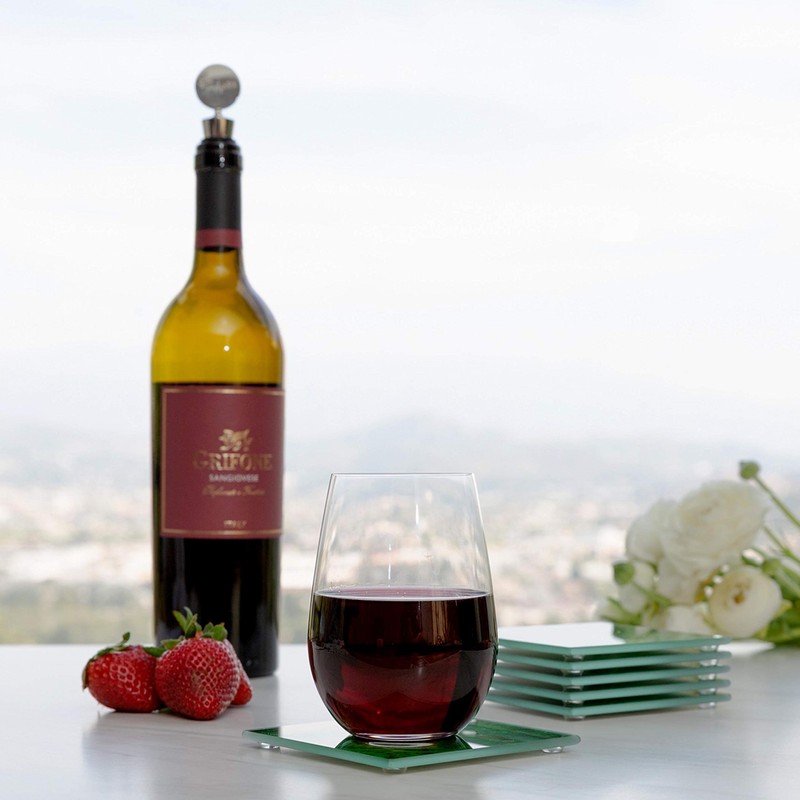 Coaster Set 6 Square Glass Coasters Green Flower Design, Large