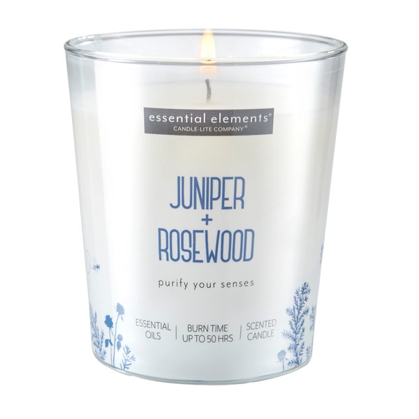 Essential Elements by Candle-lite Scented Candles Juniper & Rosewood Fragrance, One 9 oz. Single-Wick Aromatherapy Candle with 50 Hours of Burn Time, Off-White Color