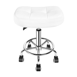 Rolling Stool Wider Rectangular Cushion-Provides a Comfortable, Stable Support Surface with Loop Footrest for Leg Support,Adjustable Stool with Wheels for Salon Tattoo Massage Office Home (White)