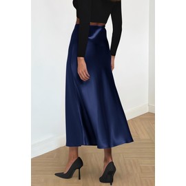 PRETTYGARDEN - Falda midi de satén para mujer, estilo casual, cintura alta, con volantes, elegante, falda de fiesta, marino, Large