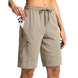 SANTINY Women's 10'' Lightweight Hiking Cargo Shorts with 5 Zipper Pockets Quick Dry Summer Long Travel Golf Shorts for Women (Khaki_M)