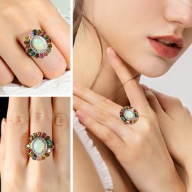 supermodel Gorgeous 4.3 Carat Engagement Ring for Women 925 Sterling Silver Big Tourmaline Signet Ring Diamond & Multicolor Stones Opal Ring, Size 6