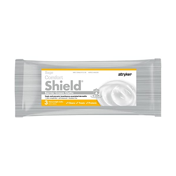 Stryker - Sage Comfort Shield Barrier Cream Cloths with Dimethicone - 1 Package, 3 Cloths - One-Step Wipes Clean, Treat and Protect Skin from Incontinence Irritations, Hypoallergenic