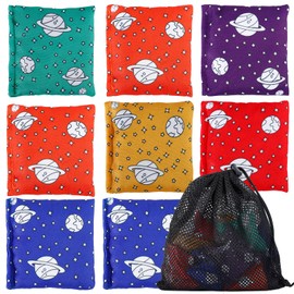Gdotmely 32 Pack Bean Bags, 2.75" x 2.75" Mini Bean Bags for Kids and Adults, Small Colorful Cornhole Bag for Tossing, Family Games, Outdoor Indoor Yard Toss Game(6 Colors,Planet Pattern)