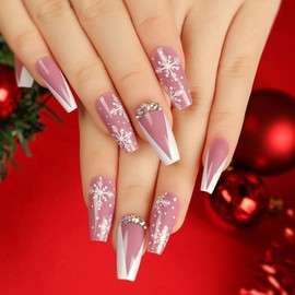 Christmas Press on Nails Coffin Medium Fake Nails White French Tip Nails Press ons Glossy Glue on Nails Pink False Nails with Rhinestones Snowflake Designs Artificial Stick on Nails for Women 24Pcs