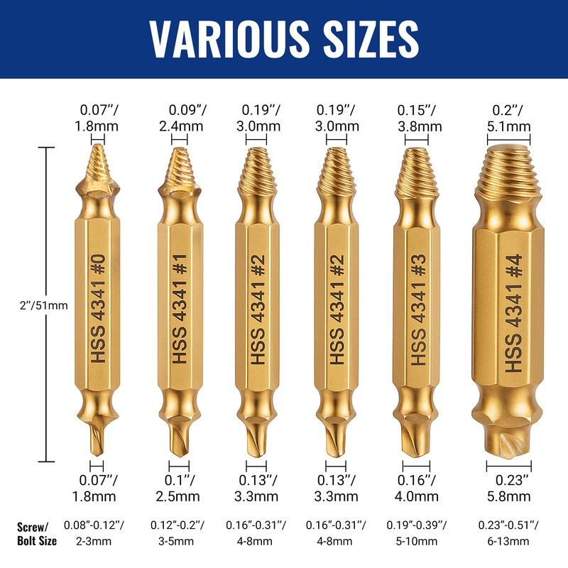 WORKPRO 6PCS Stripped Screw Extractor Set, Titanium Coated Broken Bolt