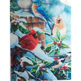 David Textiles Fabric Panel of Birds perched in a Snow-Covered Holly Bush, Jenny Newland for DT