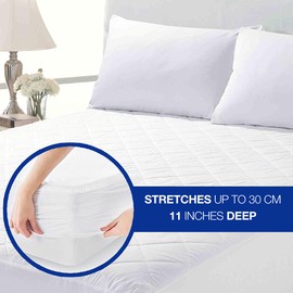 100% Pure Poly-Cotton Quilted Fitted Mattress Protector, Noise-Free Bedding Stretches Up to 30 cm/11 Inches Deep - Mattress Topper (Double:137x190cm + 30cm Deep)