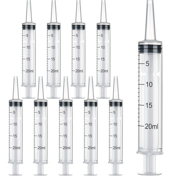 10 Pack Plastic Syringe Liquid Measuring Syringes Without Needle for Epoxy Resin, Craft, Scientific Labs, Feeding Pets Animals, Oil or Glue Applicator (20 ML)