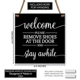 Acrylic Please Remove Your Shoes Sign, Hanging Welcome Sign for Front Door, No Shoes Sign for House, Take Your Shoes Off Sign Wreath, 6.5" Stay Awhile Sign, Black Front Porch Decor Made in USA