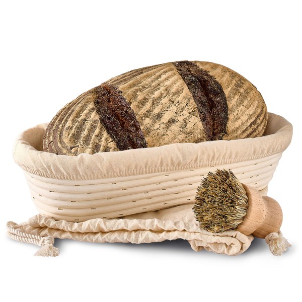 Bread Banneton - Oval - Heavy Duty Rattan - 35 cm - Bakery Kit with Brush, Linen Fabric & Bread Bag