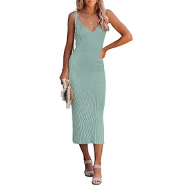 MEROKEETY Womens 2025 Summer Spring V Neck Knit Midi Dress Bodycon Casual Sleeveless Ribbed Sweater Dresses,Sage,M