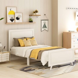 SOFTSEA Twin Size Platform Bed with Headboard and Footboard, Solid Wood Bed Frame with Wood Slat Support, Twin Bed Frame with Headboard Kids Platform Bed Frame, White