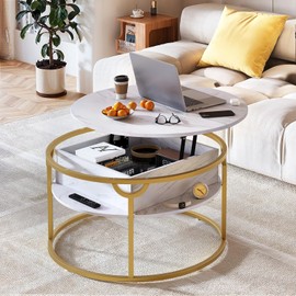 ONBRILL Round Coffee Table for Living Room, Lift Top Circular Coffee Table with Storage, Modern Marble Center Table, Small Wooden Table for Reception Room, Office, Bed Room Furniture (White and Gold)