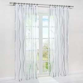 HongYa Pack of 1 Voile Curtain, Transparent Curtain with Ruffle Tape, Waves Print