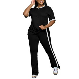 PINSV Women Sets 2 Piece Outfits Comfy Short Sleeve Top and Pants Lounge Sets Travel Airport Outfits Black XXL