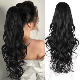 26 Inch Ponytail Extension for Black Women, Long Layered Pony Tails Hair Extensions, Drawstring Ponytail for Black Women, Wavy Synthetic Hair Extensions Ponytail for Daily Use (Color: Black)