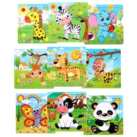Lekebaby Puzzles for Kids 3 4 5 6 8 Years Old, 9 Pieces Wooden Jigsaw Puzzles with Animals, Preschool Educational Learning Toys for Toddlers (9 Pack)