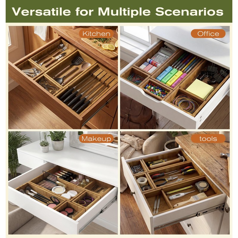 KOCWELL Bamboo Silverware Drawer Organizer with Knife Block, 5 Removable