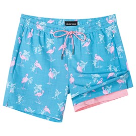 SURF CUZ Mens Swim Trunks with Compression Liner Mens Swimming Trunks 5 Inch Bathing Suit with Zipper Pockets Quick Dry Swim Shorts Light Pink Flamingo Large