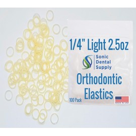 1/4 Inch Orthodontic Elastic Rubber Bands - 100 Pack - Natural Latex, Light 2.5 Ounce Small Rubberbands, Braces, Dreadlocks Hair Braids, Tooth Gap, Packaging, Crafts - Sonic Dental - Made in USA