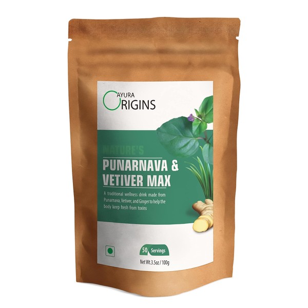 AYURA ORIGINS Nature's Punarnava and Vetiver Max - Pure Plant Based Kidney Support Herbal Supplement - Rich in Antioxidants, Vegan, Solar Dried, No Preservatives - 3.53 oz - 50 Servings