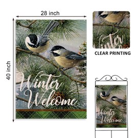 Covido Home Decorative Winter Welcome Chickadee Birds House Flag, Garden Yard Tree Branches Pinecone Buffalo Plaid Check Outside Decorations, Christmas Farmhouse Outdoor Large Decor Double Sided 28x40